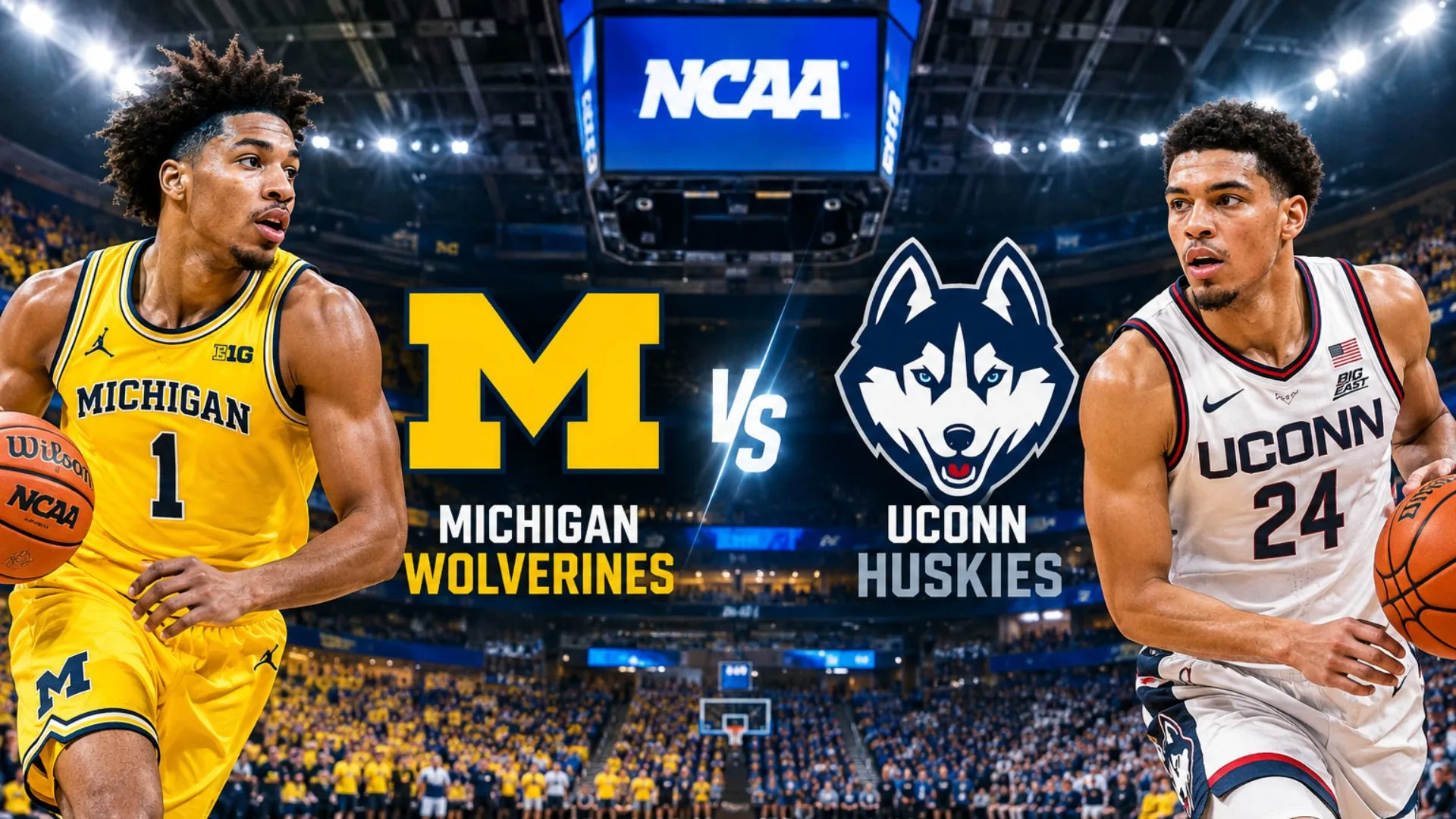 Michigan Wolverines guard Elliot Cadeau celebrating the 69-63 NCAA Championship victory over the UConn Huskies at Lucas Oil Stadium on April 7, 2026.